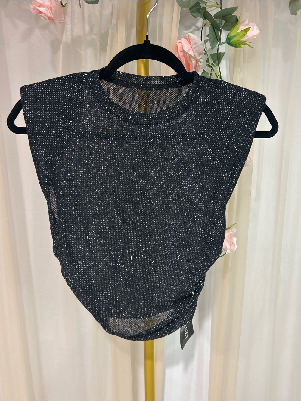 NWT Shein XS Black Glitter Mesh Ruched Shoulder Pad Top Party Club